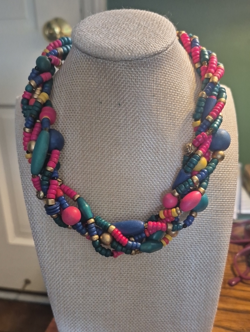 Vintage Beaded Colorful Wooden Statement Necklace